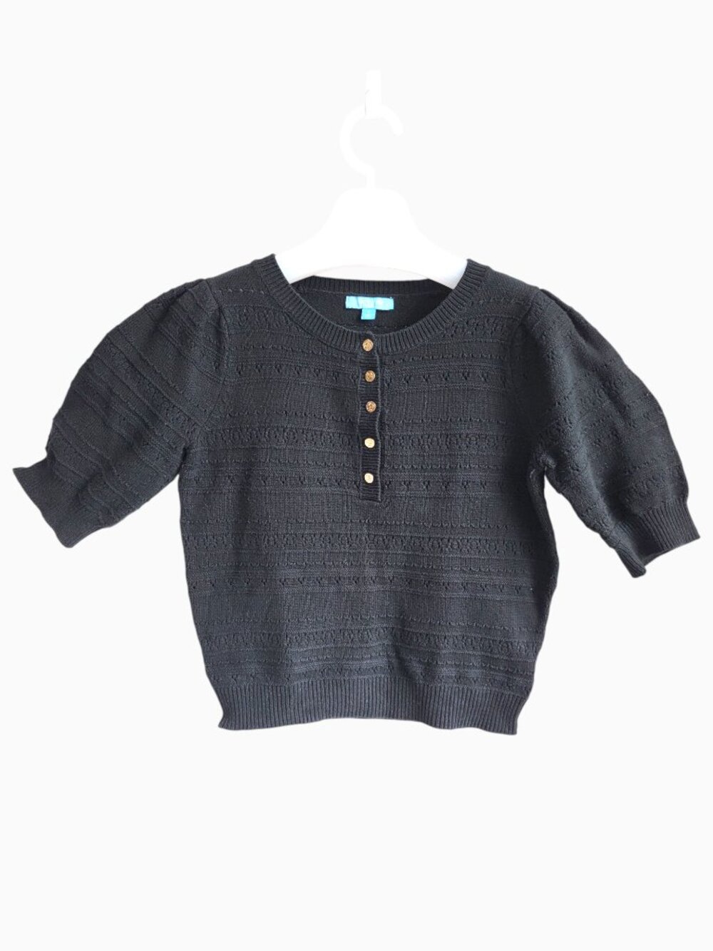 Draper James RSVP Black Pointelle Sweater Top S Puff Sleeve Gold Button Preppy